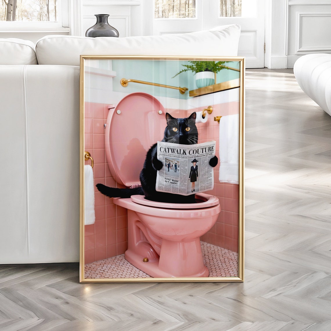 Bathroom Cat Print, Funny Black Cat Toilet Poster - Image 2