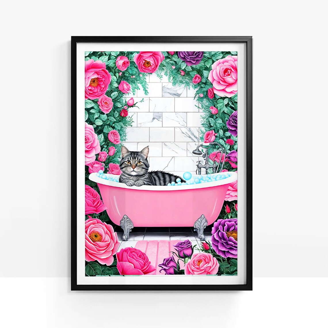 Grey Tabby Cat Relaxing In Pink Bubble Bath With Roses Poster - Image 2