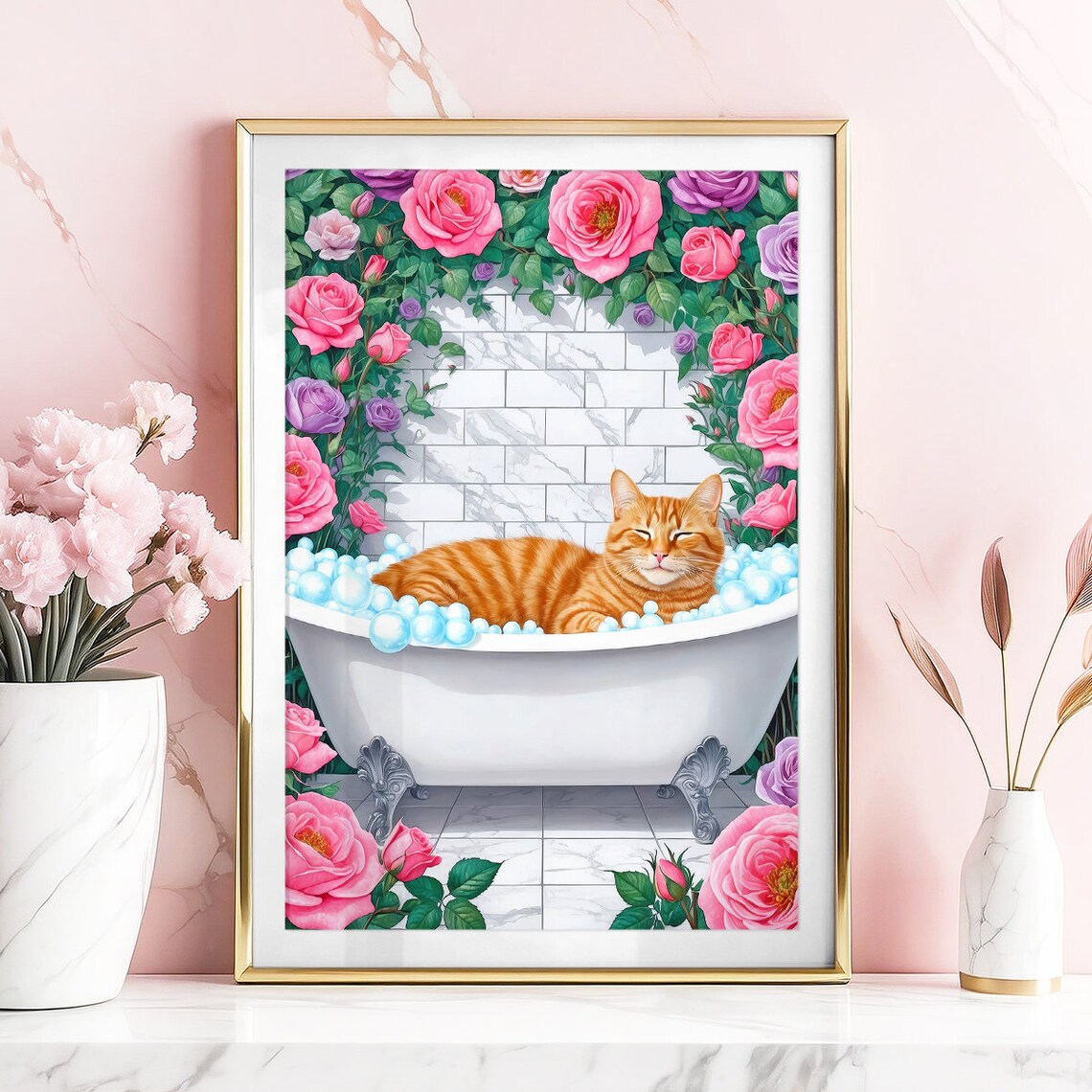 Orange Tabby Bubble Bath Relaxed Cute Funny Cat Bathroom Poster
