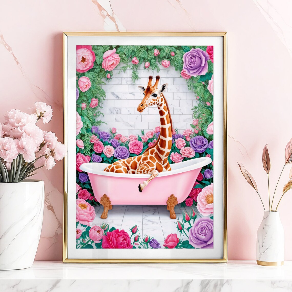 Giraffe Pink Bathtub Roses Funny Maximalist Bathroom Floral Poster