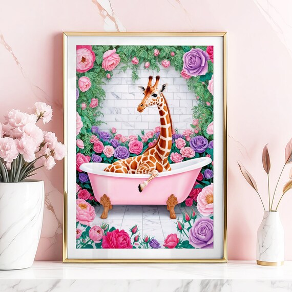 Giraffe Pink Bathtub Roses Funny Maximalist Bathroom Floral Poster