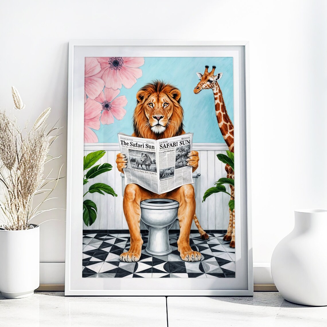 Lion Reading Safari Sun Newspaper Giraffe Funny Bathroom Poster - Image 4