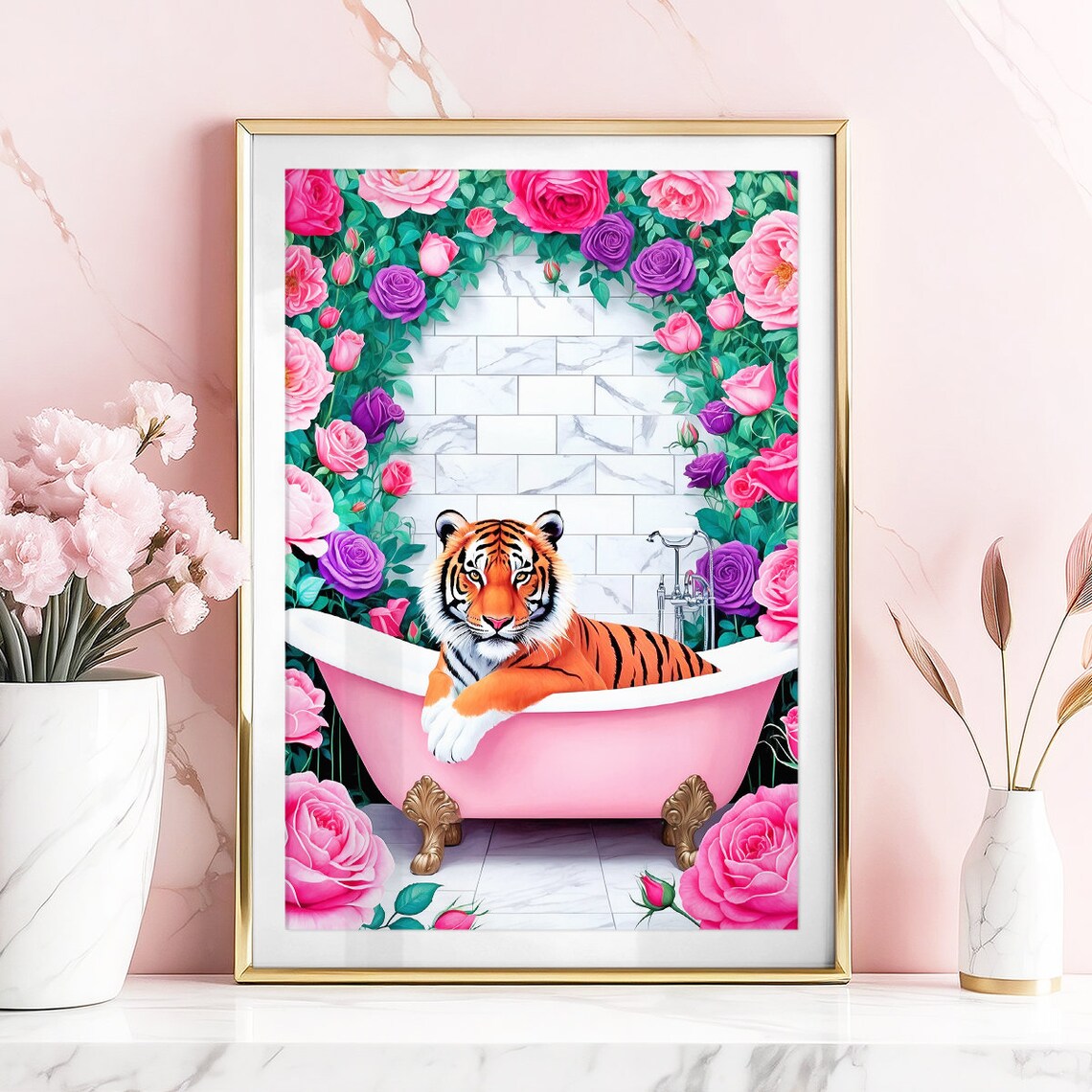 Tiger Pink Bathtub Roses Maximalist Funny Bathroom Decor Poster - Image 2