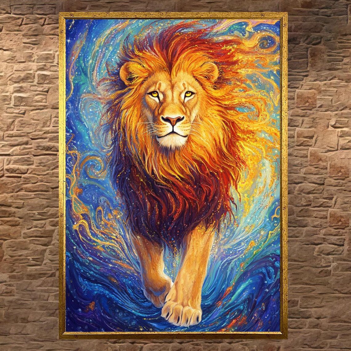 Lion Striding Forward From Swirling Blue and Gold Waves Art Poster