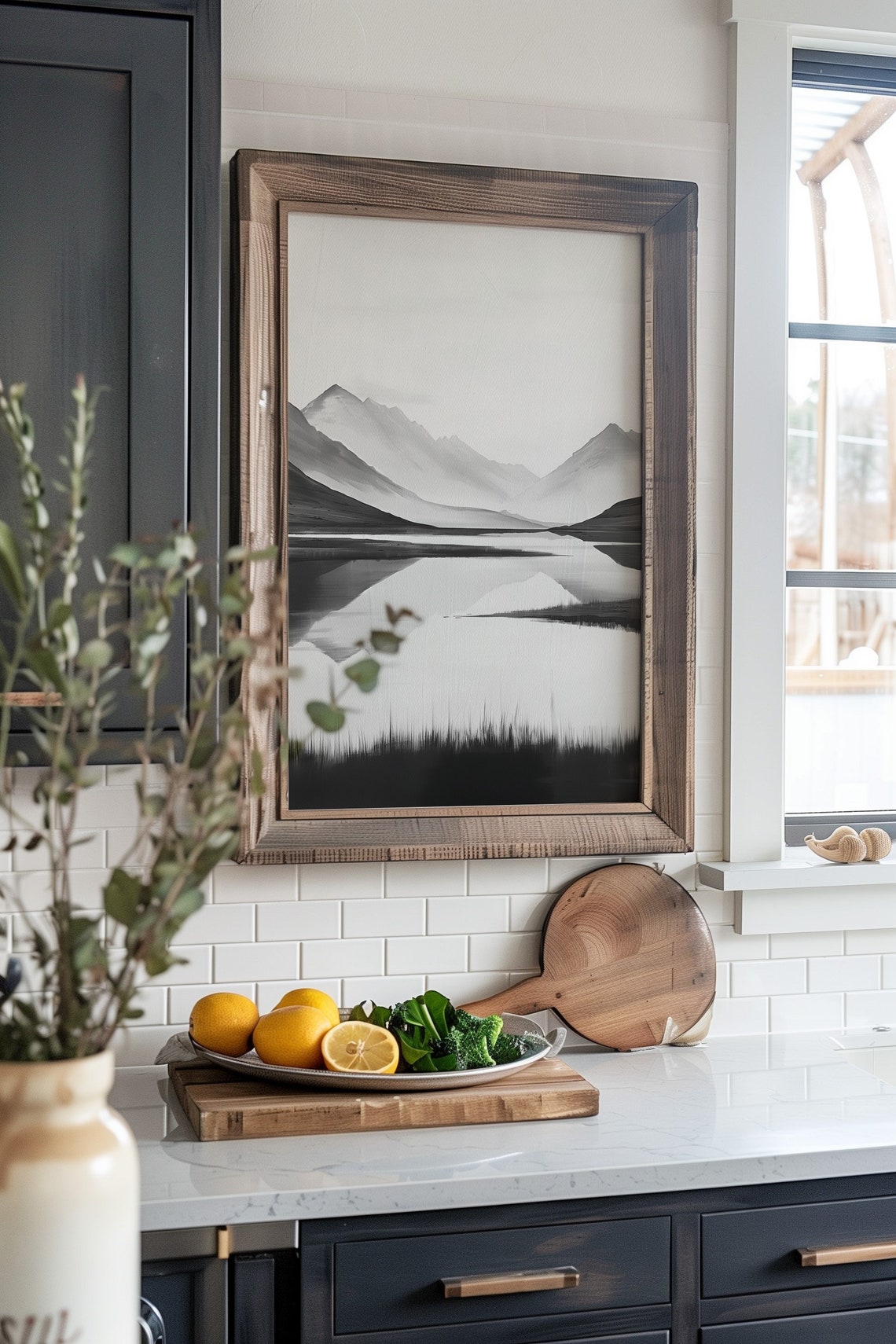 Winter Mountain Lake Black And White Landscape Painting Cloudy Mountain Living Room Bathroom Decor Gift - Image 4