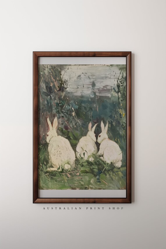 Three White Rabbits in a Cottage Garden Impressionist Animal Poster
