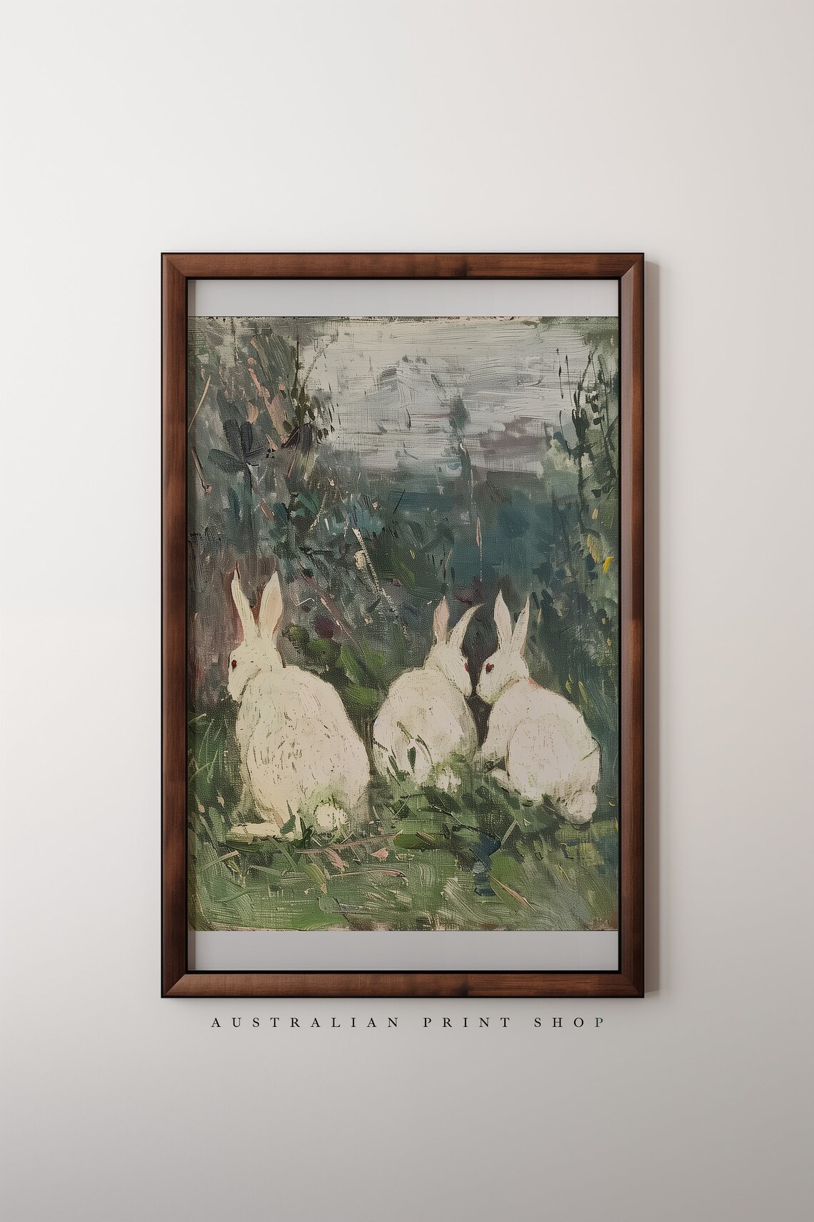 Three White Rabbits in a Cottage Garden Impressionist Animal Poster