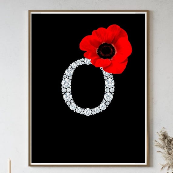 Diamond Letter O Wall Art Red Flower Monogram Print Elegant Initial Poster Personalized Name Decor Luxury Alphabet Glam