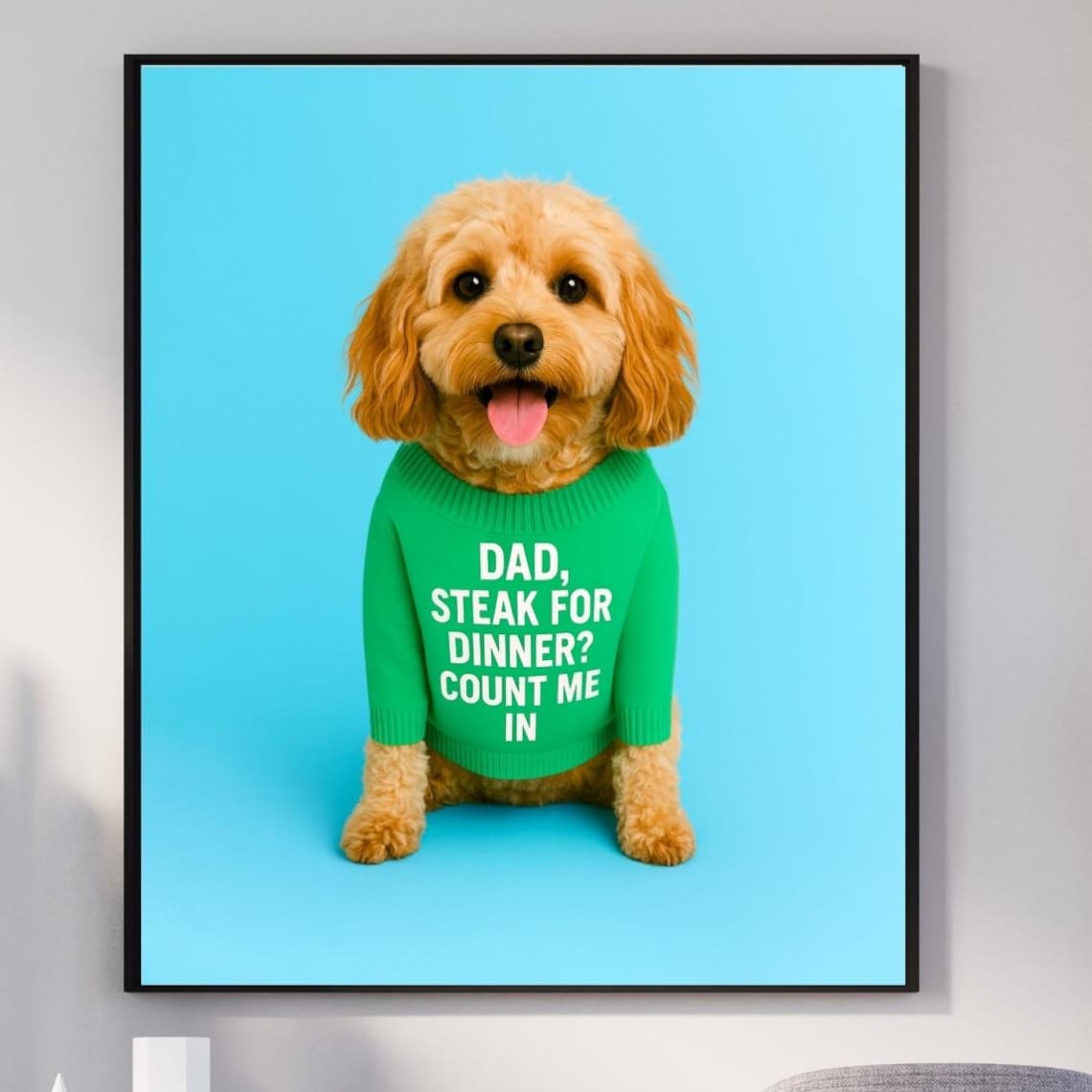 Cavapoo Dad Steak Dinner Funny Dog Wall Art Green Sweater Pet Lover Gift