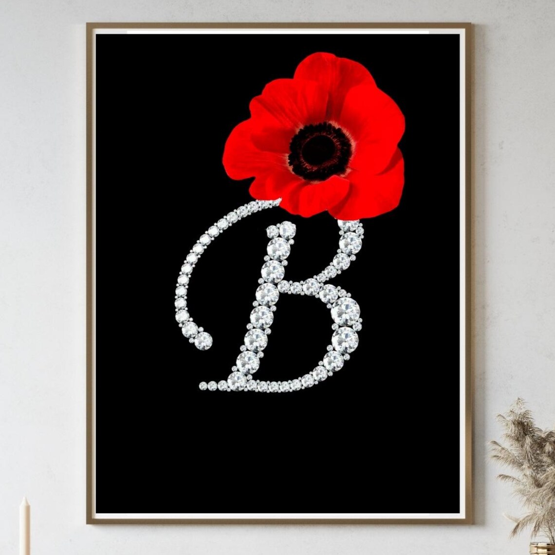 Diamond Letter B, Red Flower Monogram Poster