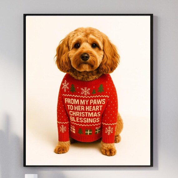 Cavapoo Christmas Blessings Funny Dog Wall Art Red Sweater Pet Gift