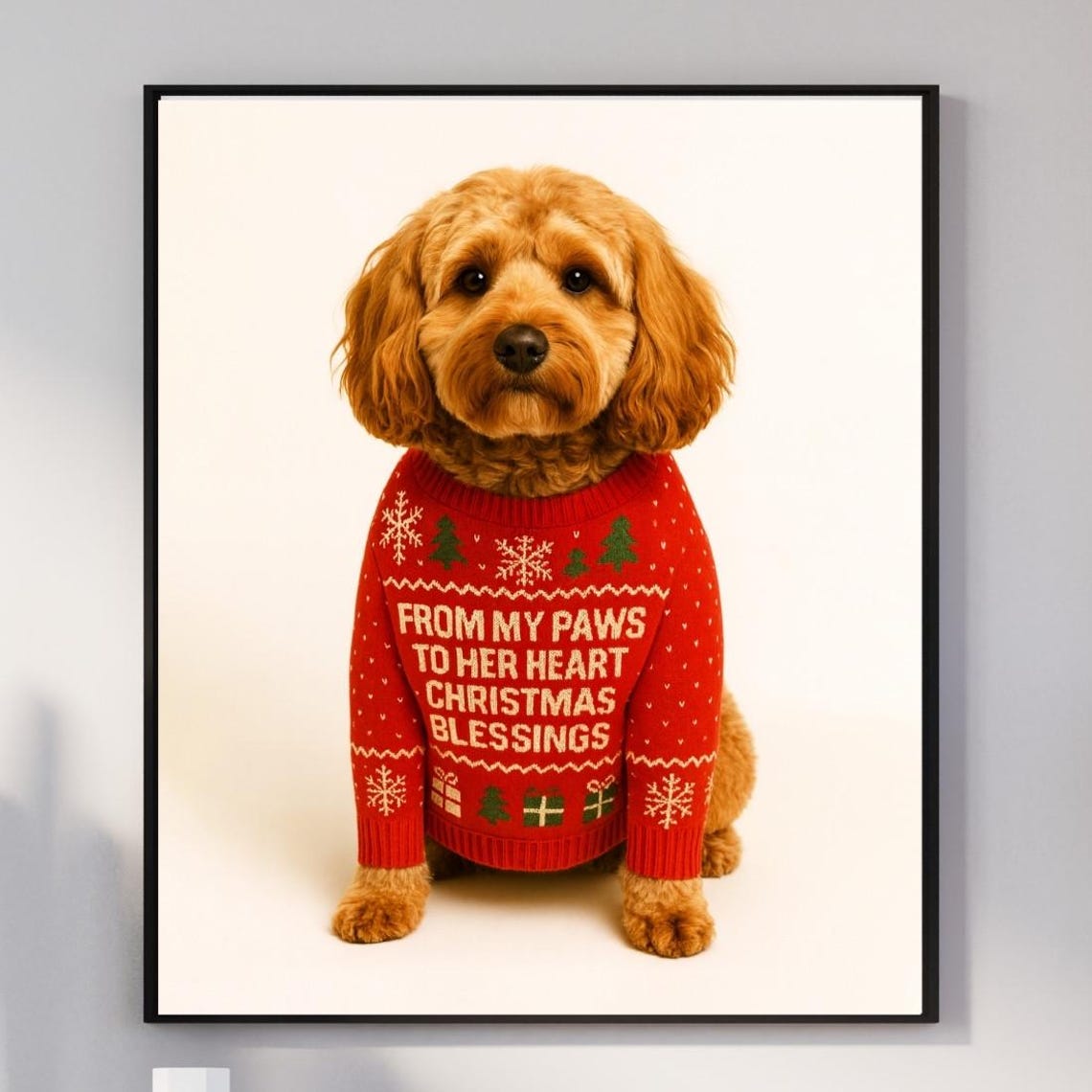 Cavapoo Christmas Blessings Funny Dog Wall Art Red Sweater Pet Gift