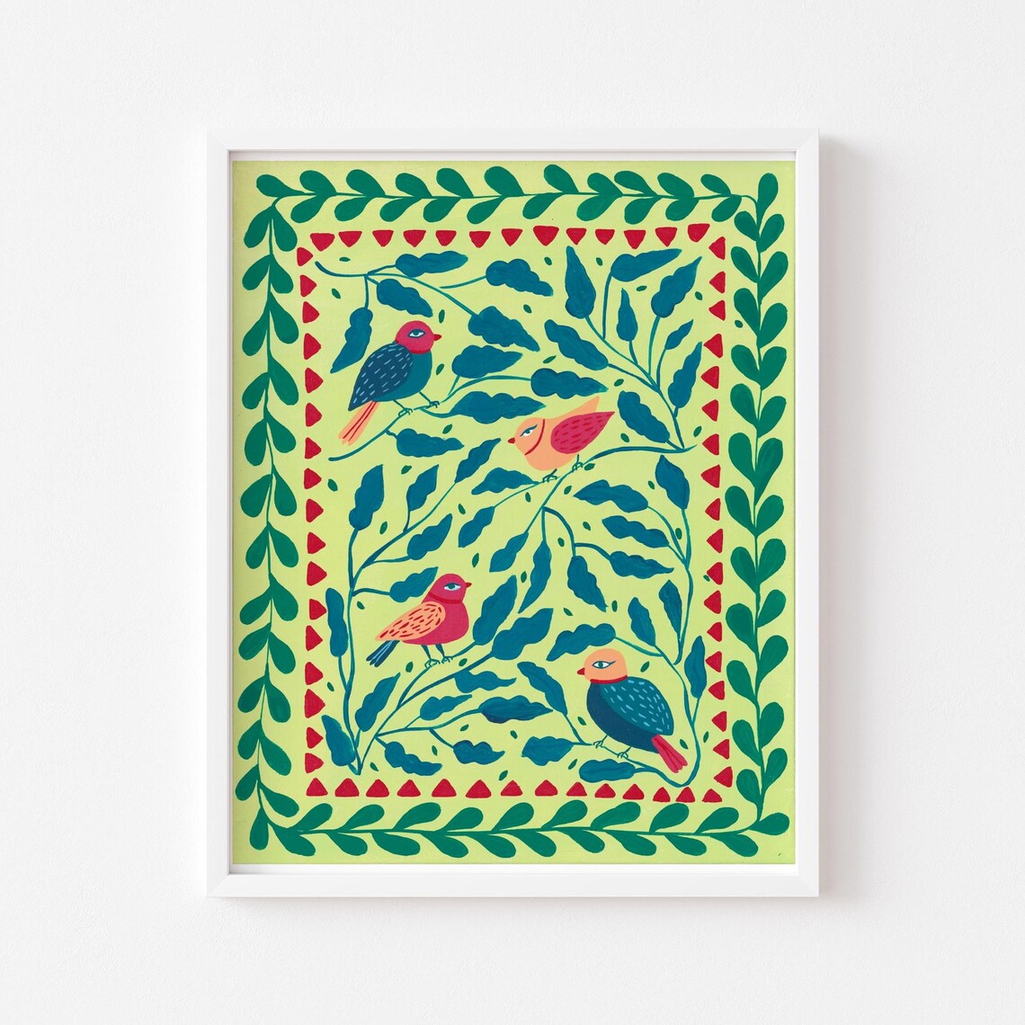 Folk Art Birds, Green Nursery Wall Art Print Decor
