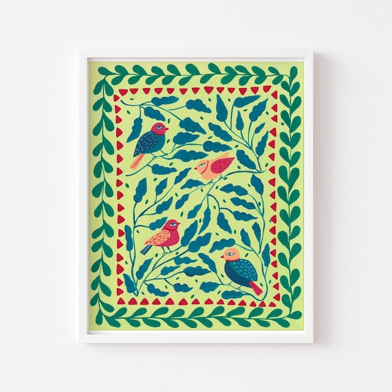 Folk Art Birds, Green Nursery Wall Art Print Decor