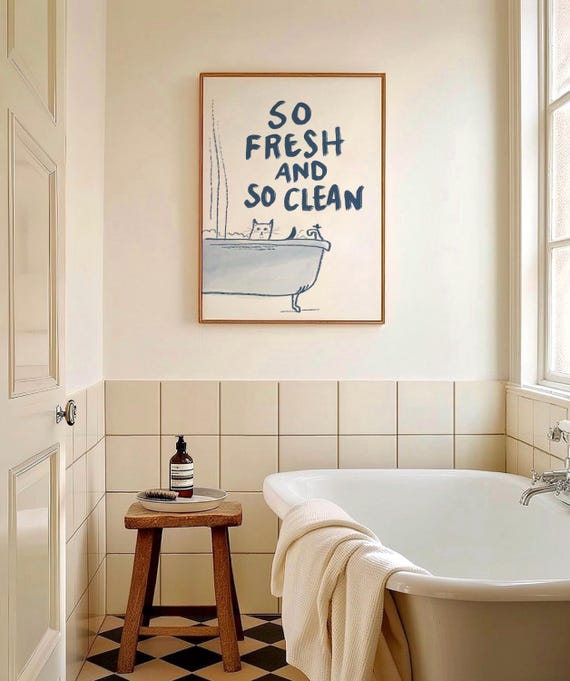 So Fresh And So Clean Bathroom Cat Typography Art Print