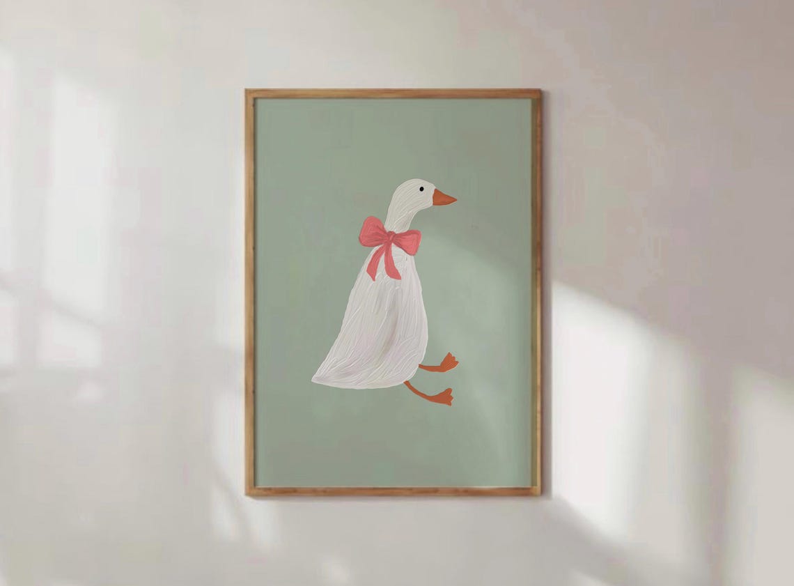 Silly Goose White Goose Pink Bow Sage Green Nursery Art Poster - Image 2