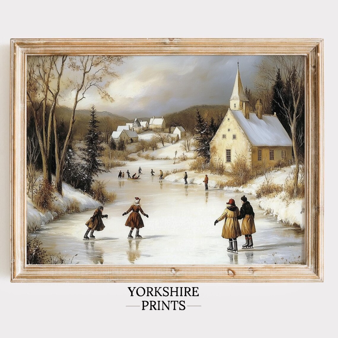 Vintage Winter Ice Skating Cityscape, Holiday Art Print