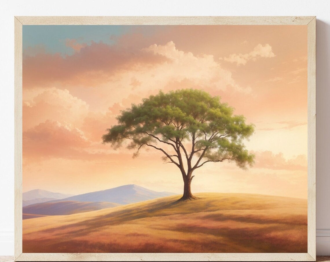 Lone Tree on Golden Hill Sunset Landscape Art Painting Poster
