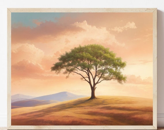 Lone Tree Poster Tree And Hills Painting Soft Tone Landscape Neutral Wall Art Pastel Print Tree Wall Art Landscape Art Print