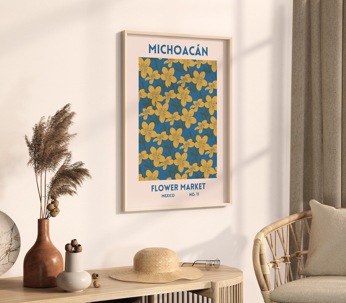 Michoacan Mexico Flower Market Blue Yellow Floral Art Poster - Image 2
