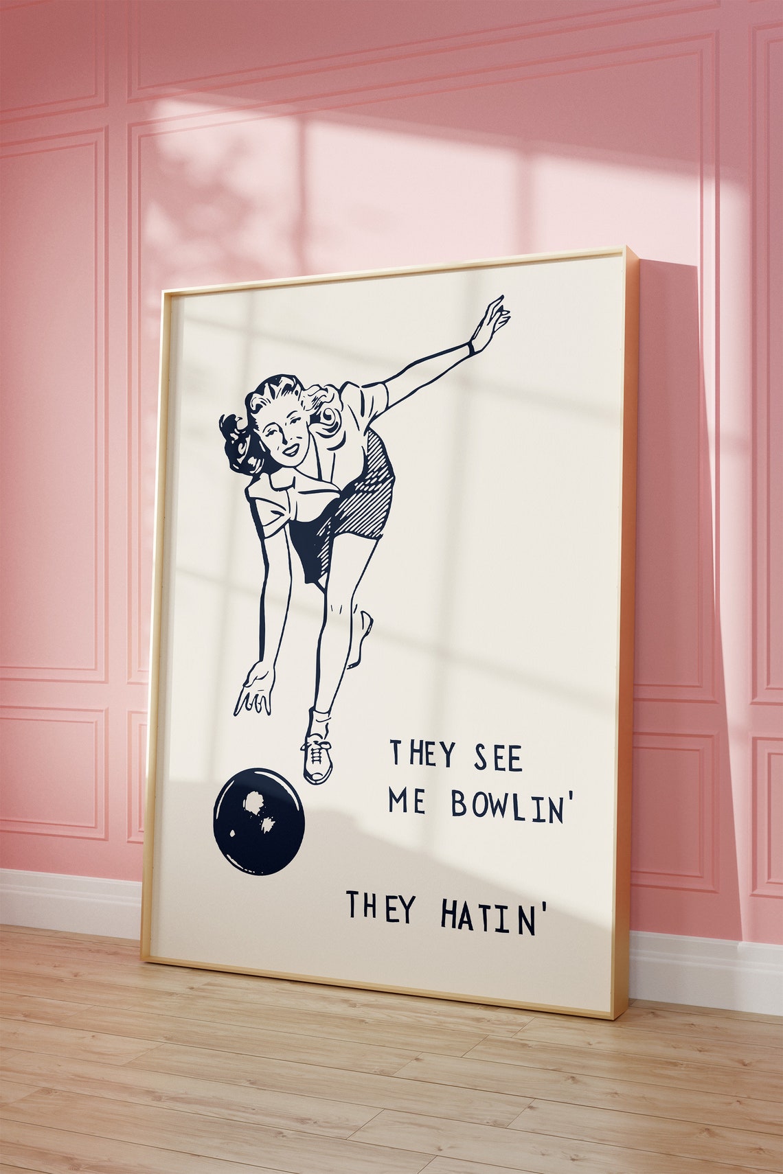 They See Me Bowlin They Hatin Retro Bowling Girl Navy Ink Wall Art - Image 3