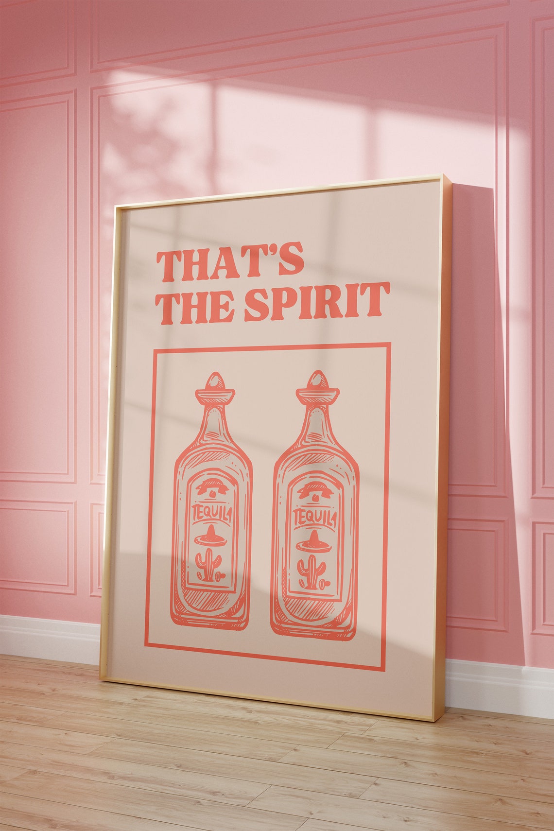 Thats The Spirit Twin Tequila Bottles Coral Pink Bar Decor Poster - Image 2