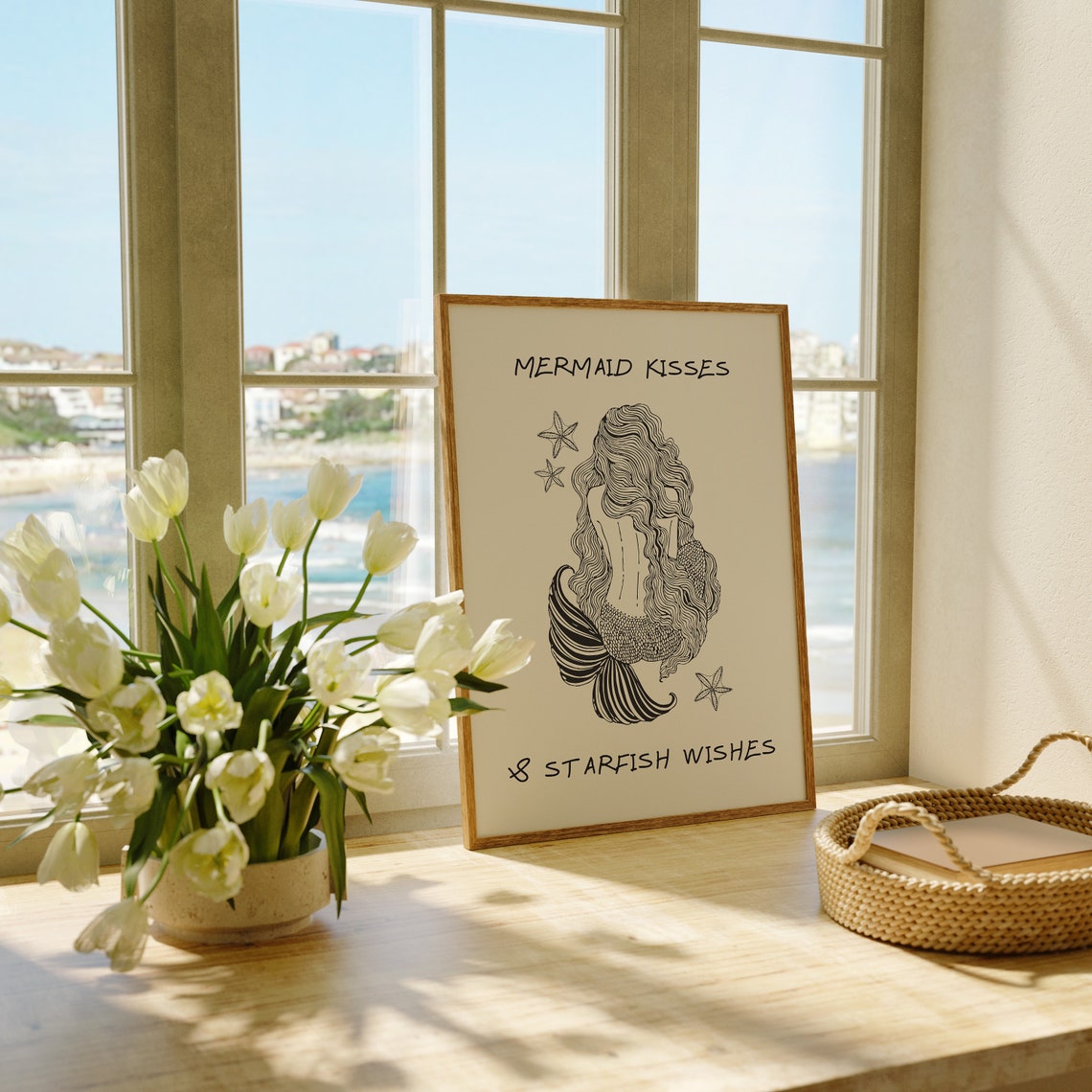Mermaid Kisses Starfish Wishes Line Art Beach House Coastal Poster - Image 4