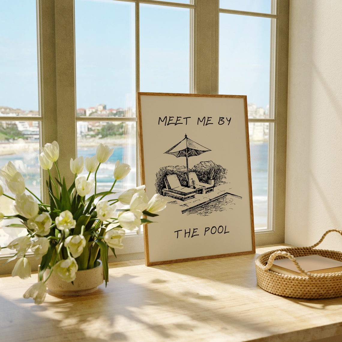 Meet Me By The Pool Retro Sketched Poolside Umbrella Summer Poster - Image 2