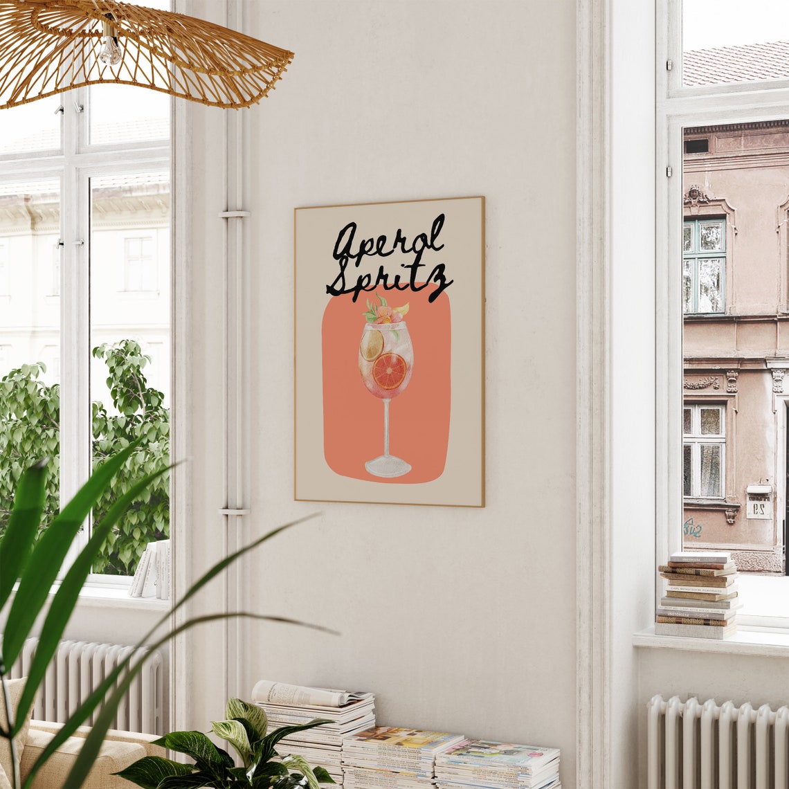Aperol Spritz Watercolor Wine Glass Orange Cocktail Coral Bar Wall Art - Image 2