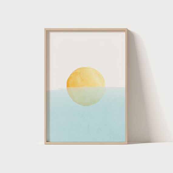 Minimalist Yellow Sun Abstract Wall Art Soft Watercolor Sunrise Print Modern Pastel Landscape Poster Calm Ocean