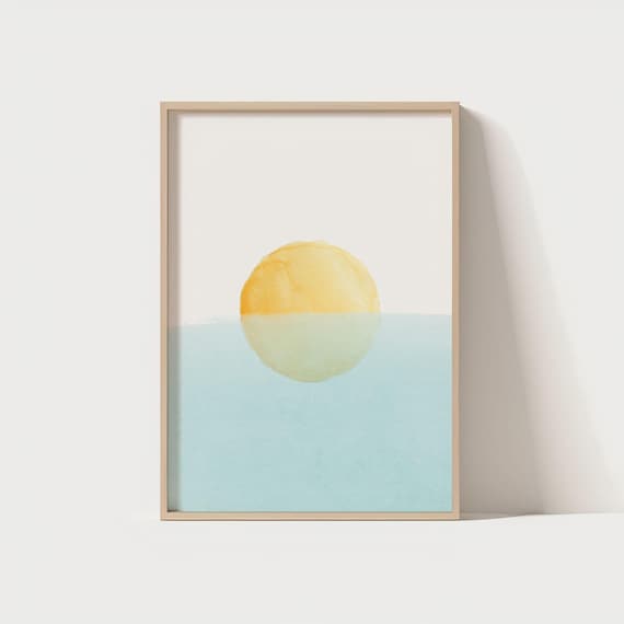 Minimalist Yellow Sun Abstract Watercolor Sunrise Wall Art Pastel