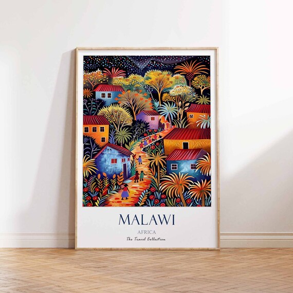 Malawi Wildlife Lake Travel Poster, Mountain Art