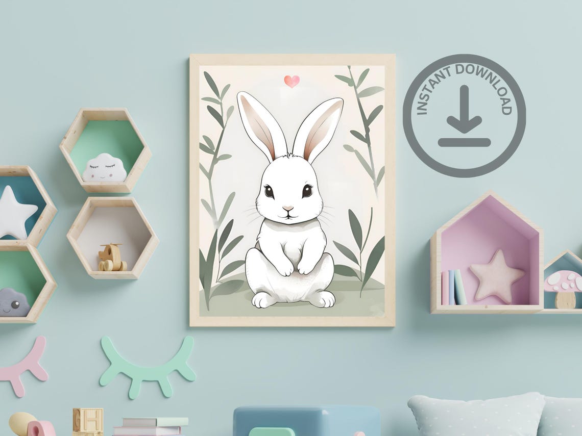 White Bunny Watercolor Portrait Cute Rabbit Nursery Animal Poster - Image 3