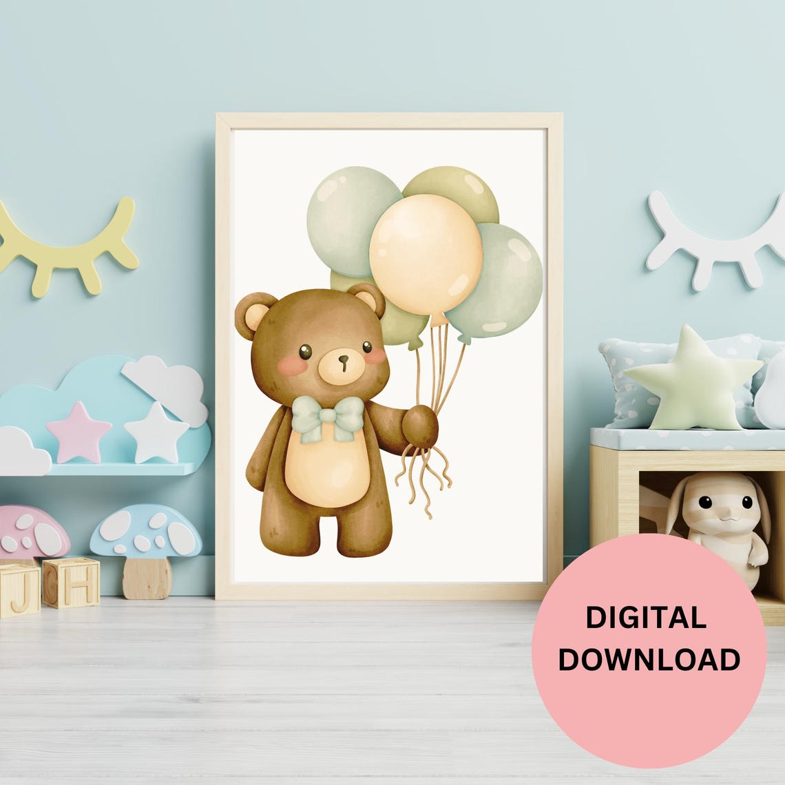 Watercolor Teddy Bear With Pastel Balloons Baby Nursery Poster - Image 3
