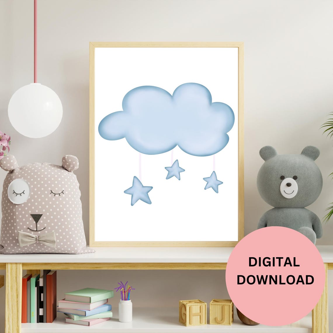Blue Watercolor Cloud With Hanging Stars Soft Nursery Art Print - Image 3