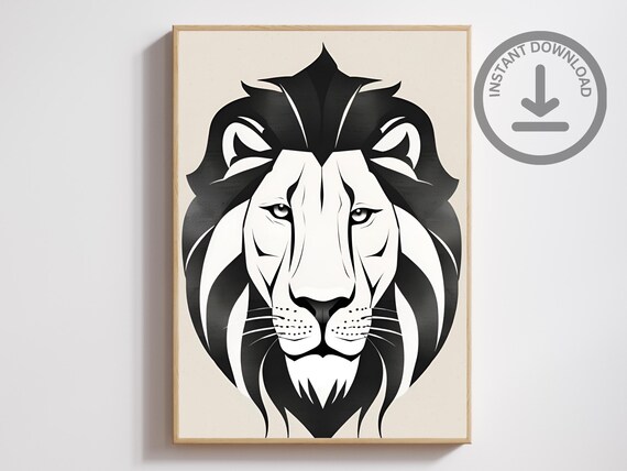 Lion Head Geometric Black White Minimalist Ink Portrait Art Poster