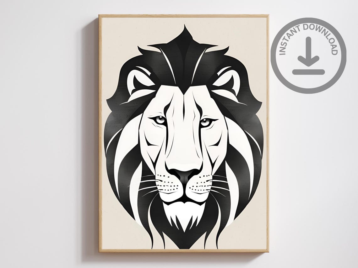 Lion Head Geometric Black White Minimalist Ink Portrait Art Poster