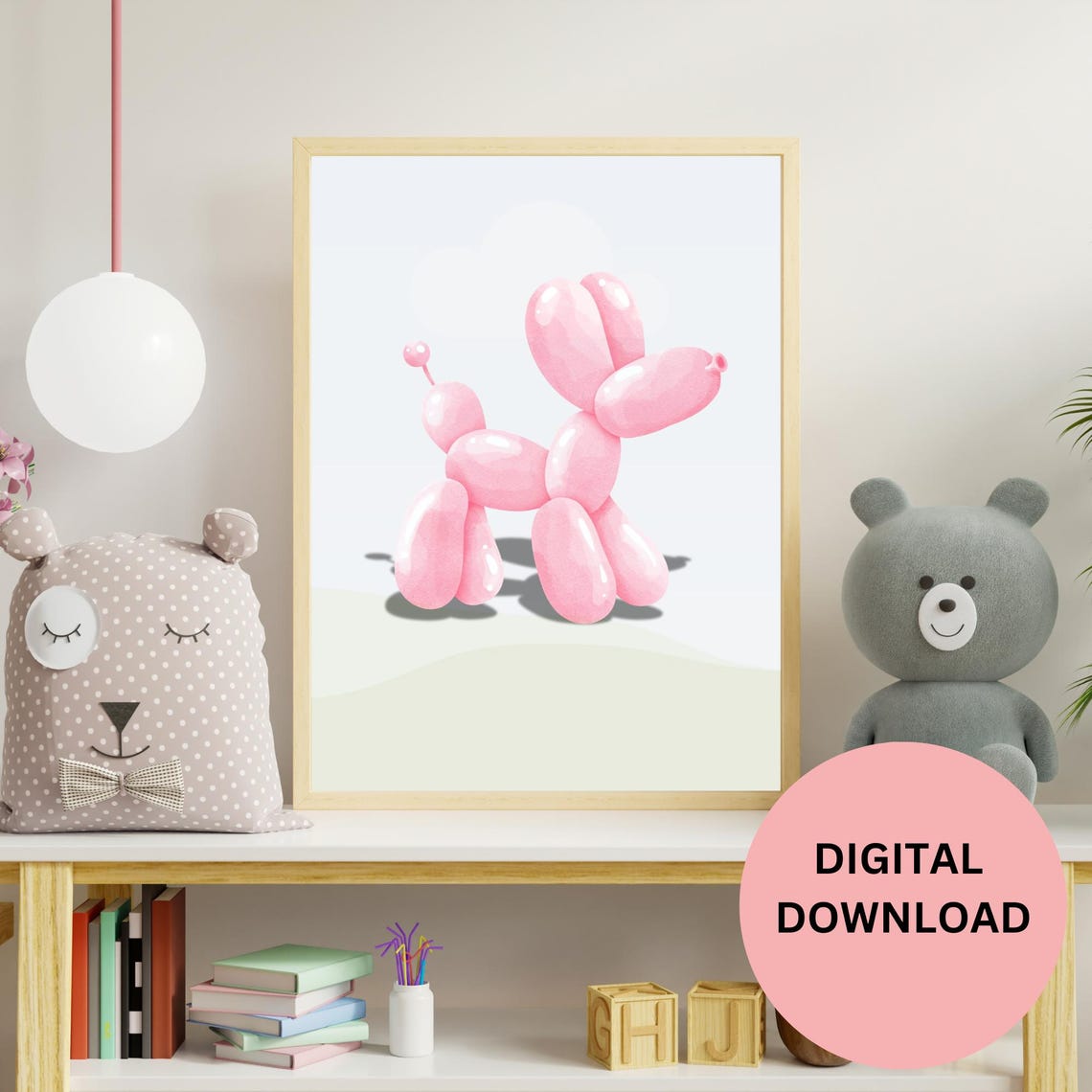 Pink Balloon Dog Watercolor Nursery Wall Decor Soft Cloud Art Print