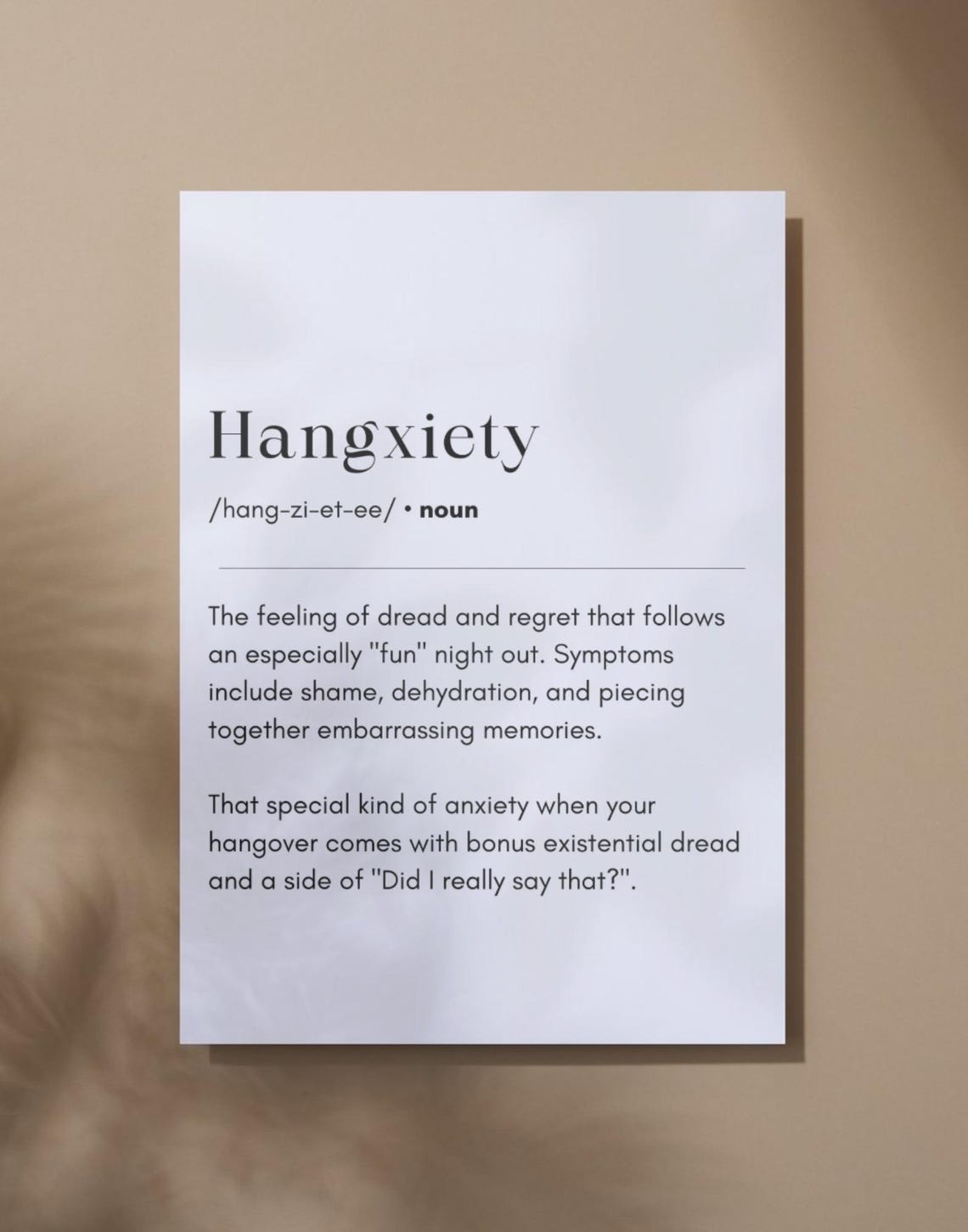 Hangxiety Definition Dictionary Style Funny Drinking Humor Gift Poster - Image 3