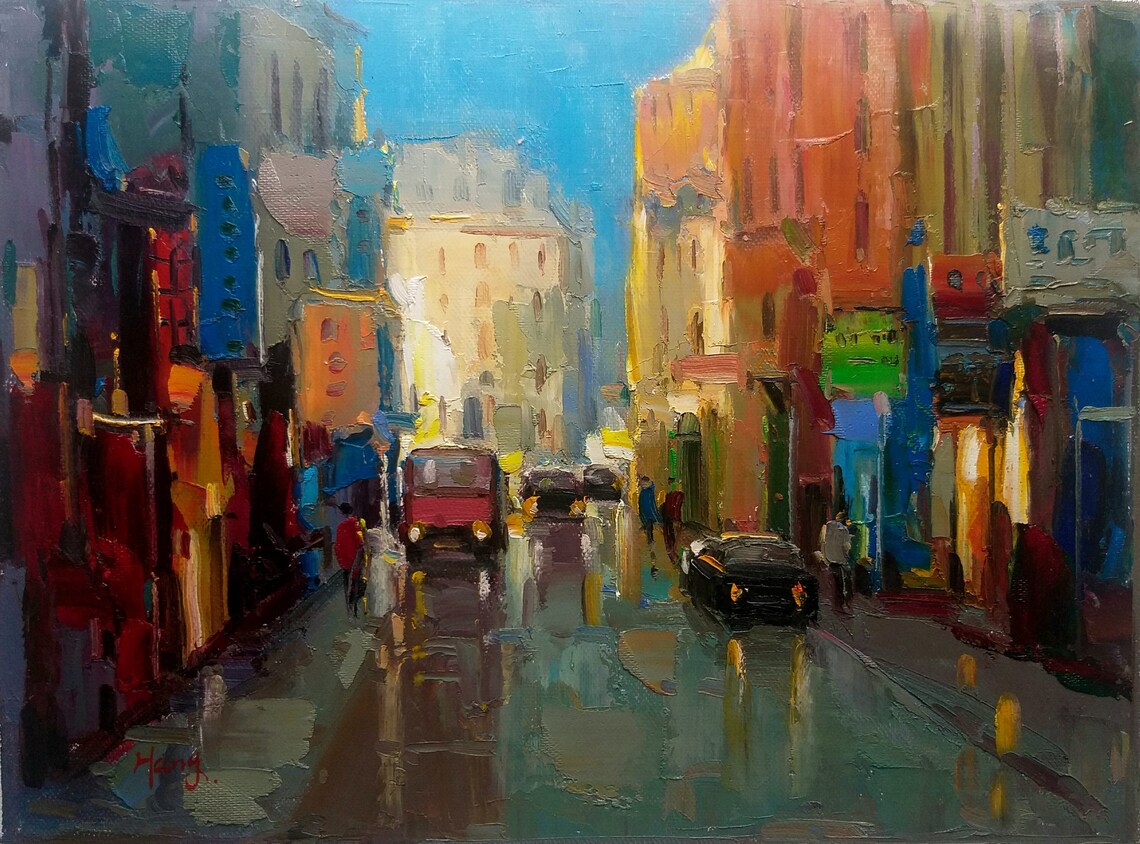 Rainy City Street Daytime Cars Wet Pavement Urban Scene Poster