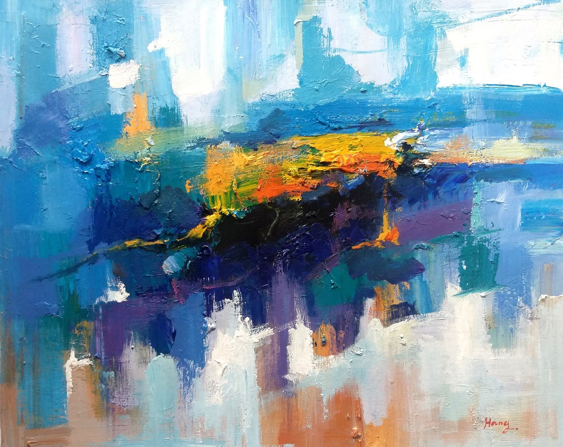 Blue Gold Abstract Palette Knife Impasto Texture Modern Art Print