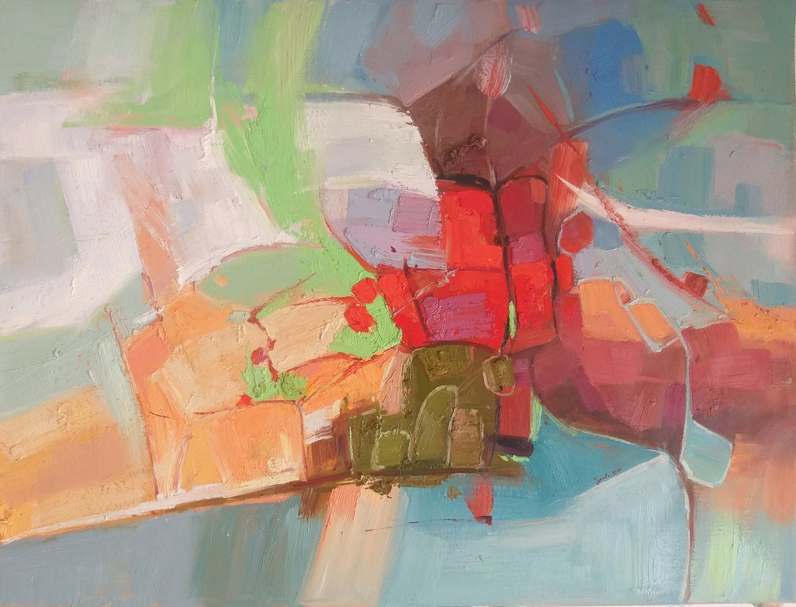 Red Green Pastel Abstract Brushstroke Modern Canvas Art Print