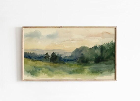 Frame TV Art Spring Watercolor Landscape Misty Green Hills Poster