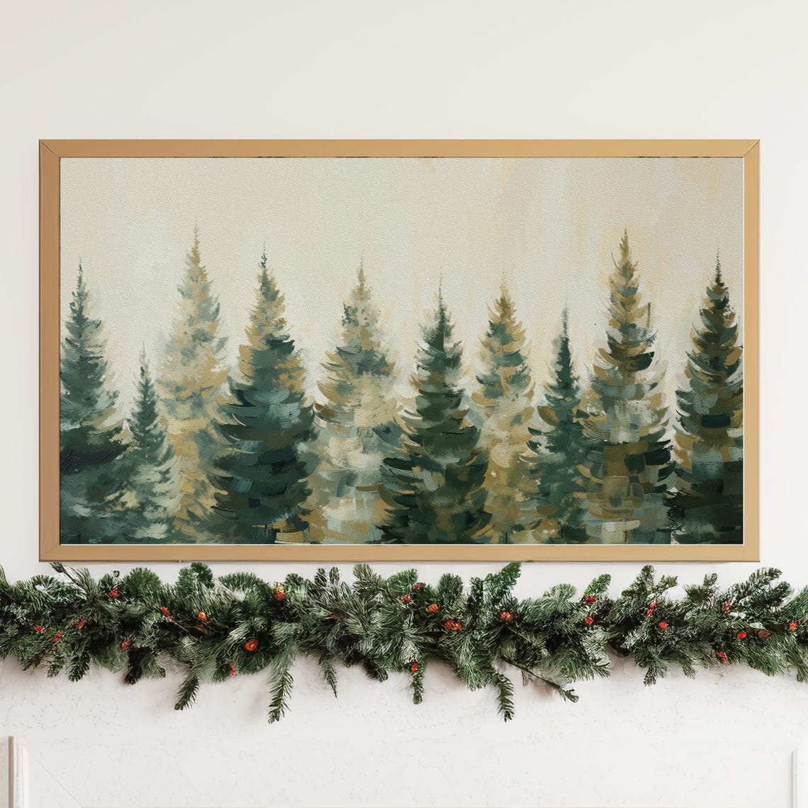 Evergreen Pine Trees Watercolor Painting Cream Background Wall Art - Image 2