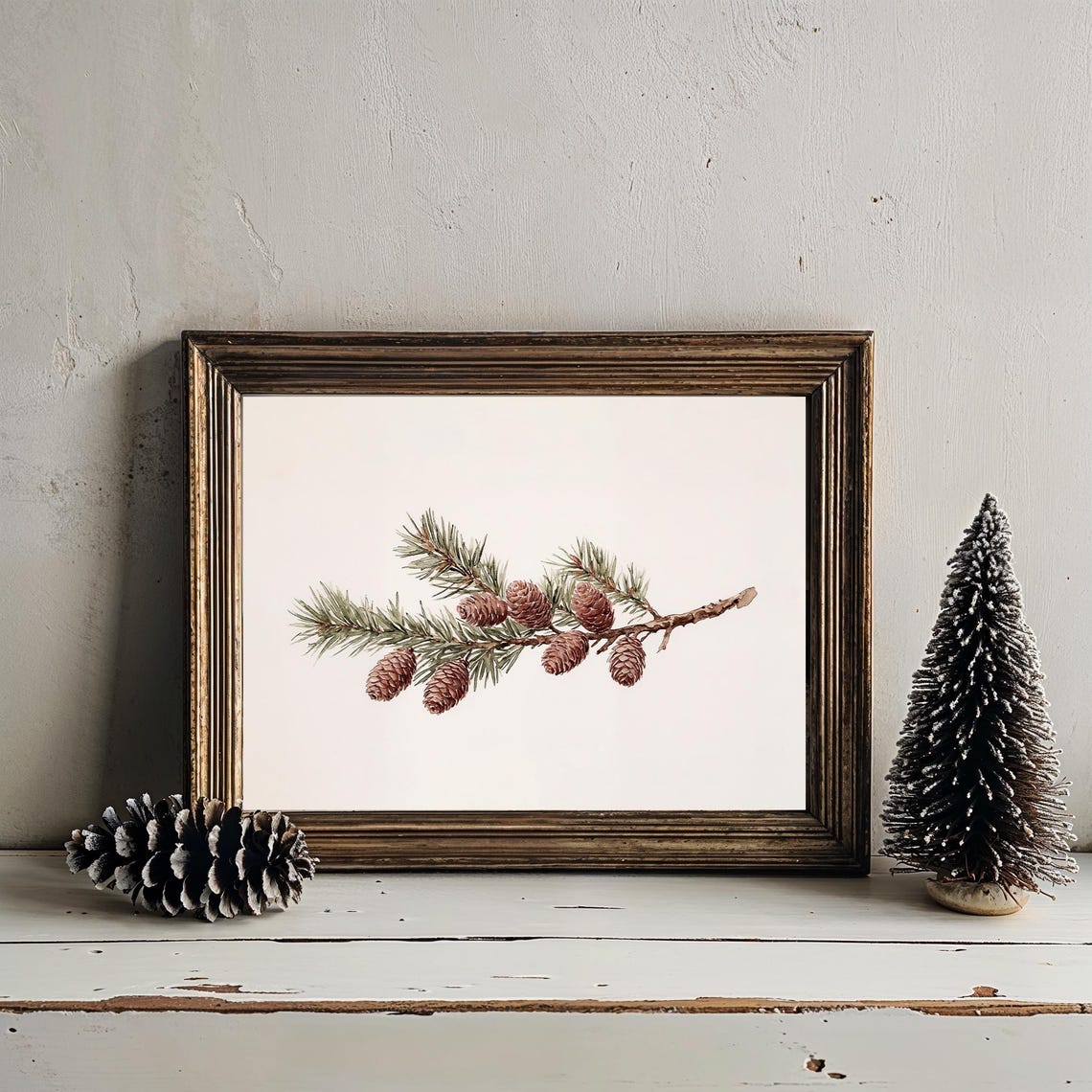 Pine Branch Pine Cones Watercolor Minimalist Winter Art Poster - Image 3