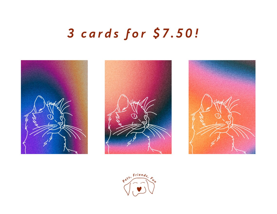 Groovy Tie Dye Rainbow Cat Line Art Greeting Cards Three Pack Print - Image 2