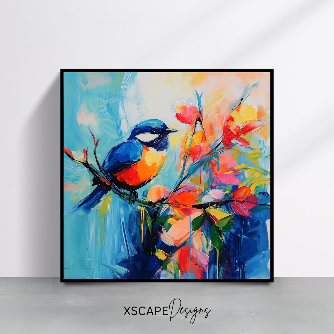Vivid Blue Songbird Blossoming Branch Colorful Nature Oil Art Poster