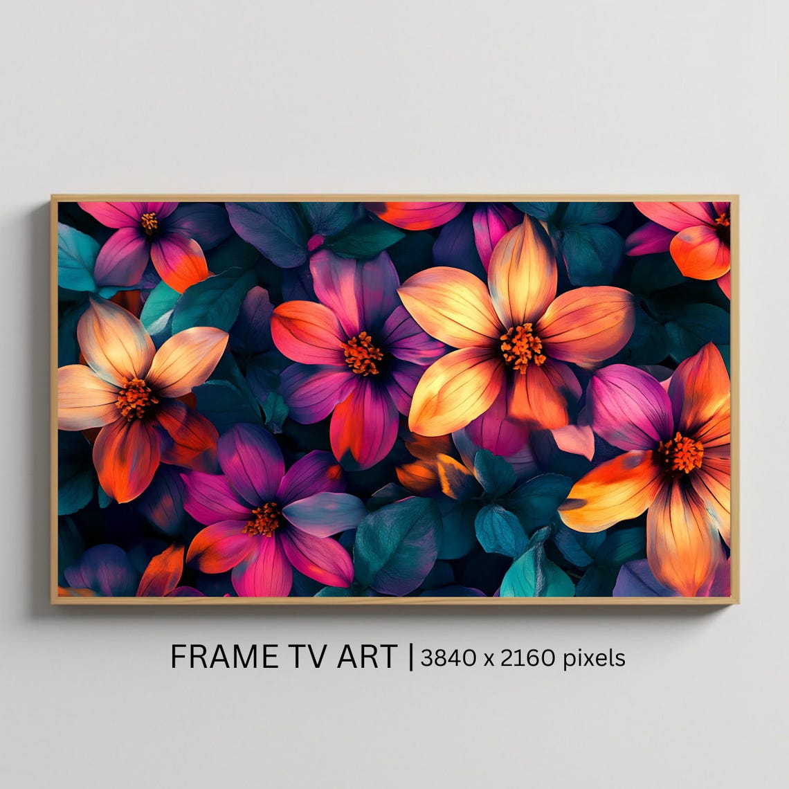 Neon Magenta Orange Flowers On Dark Teal Modern Floral Art Poster
