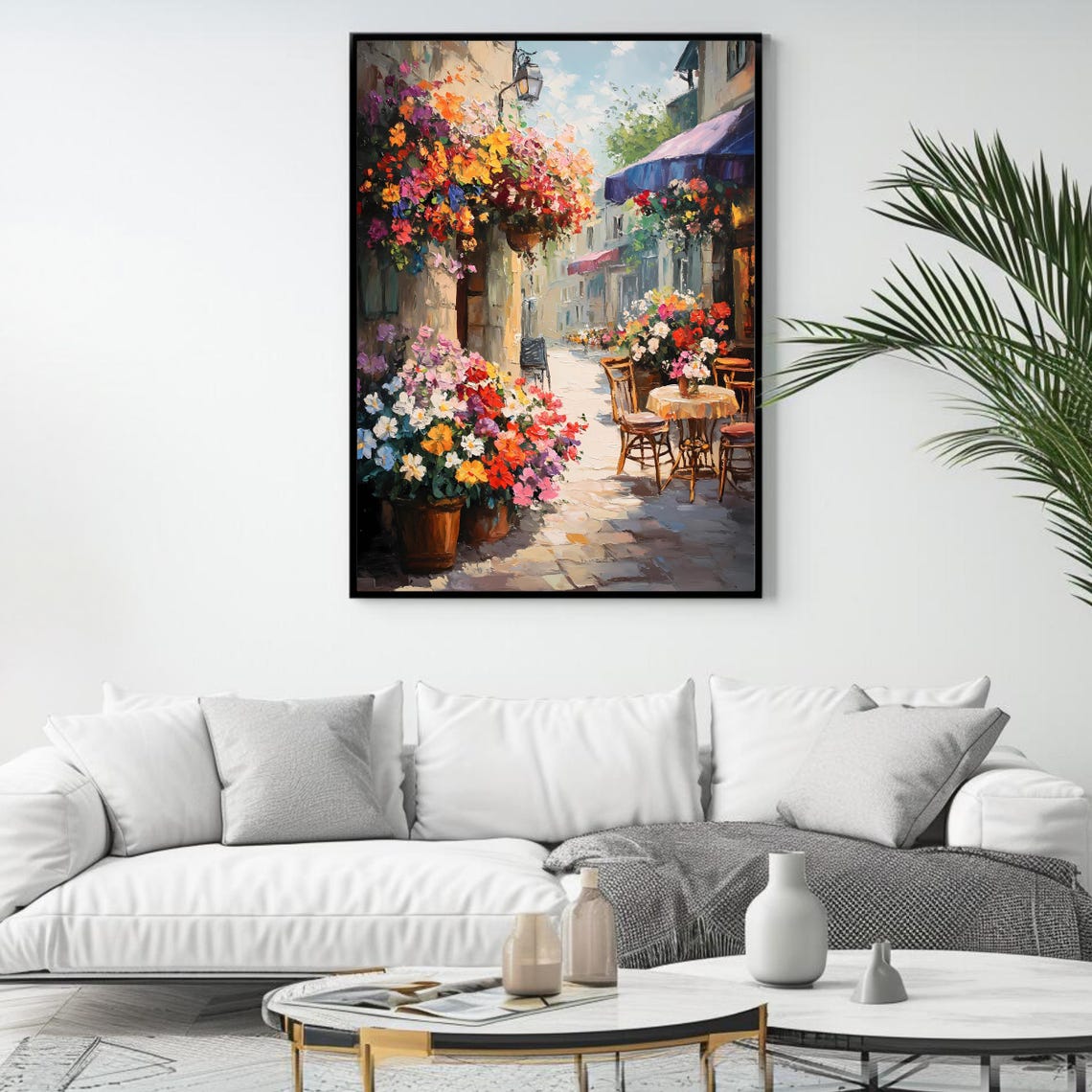 French Cafe Flower Lined Cobblestone Street Terrace Summer Wall Art - Image 4