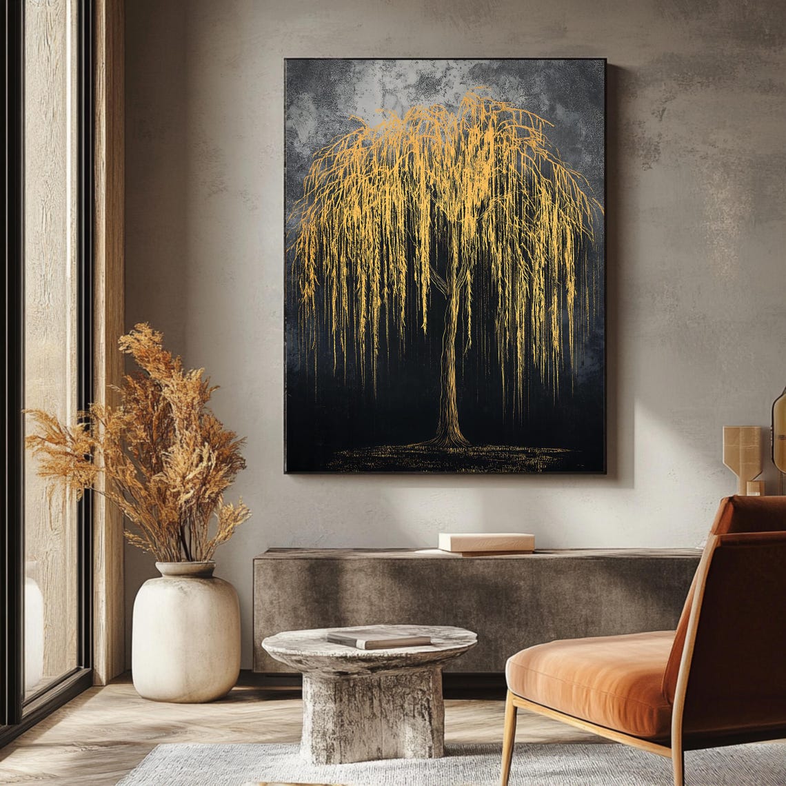Golden Weeping Willow Tree Dark Background Elegant Botanical Wall Art - Image 3